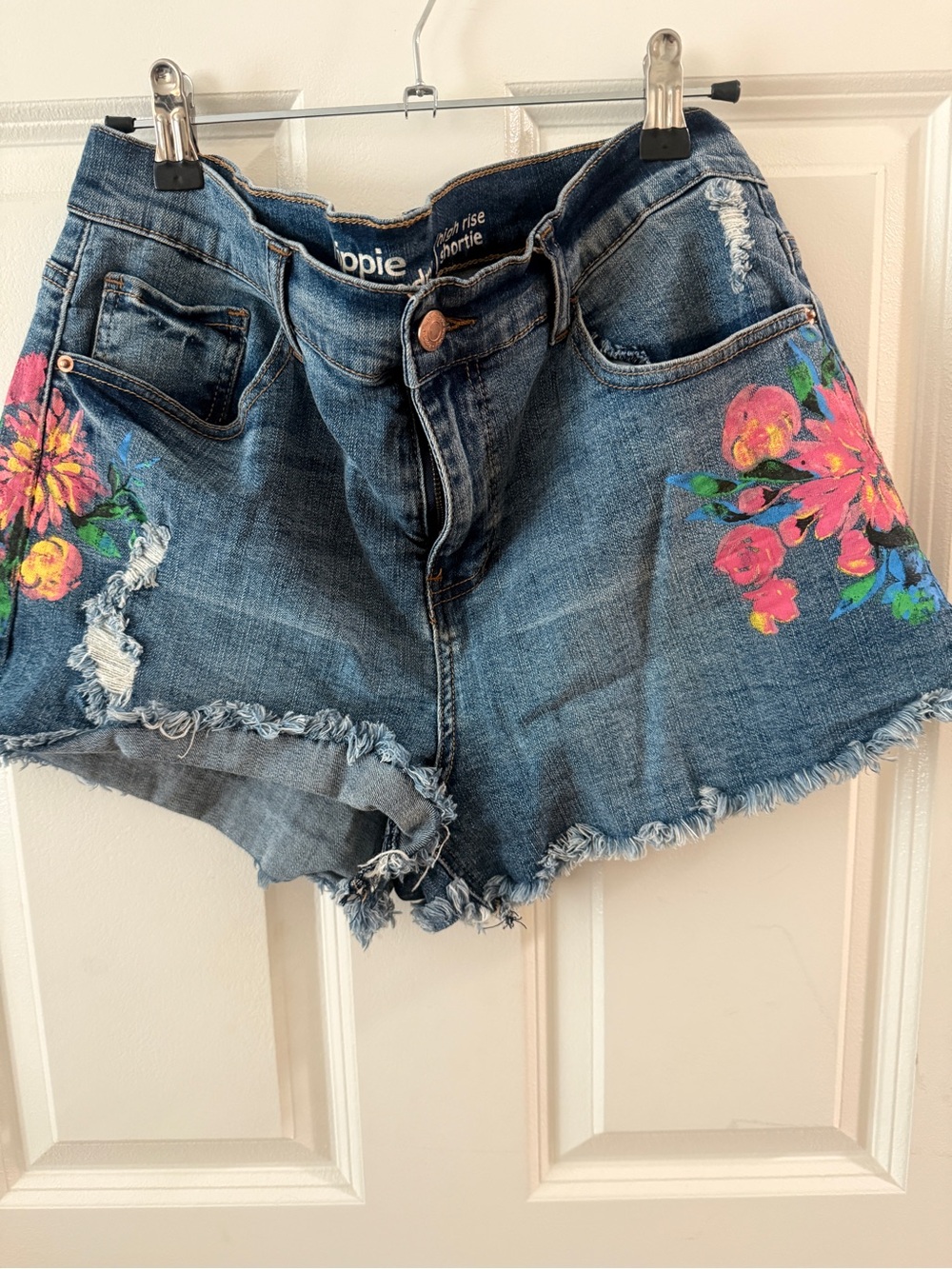 Hippie Laundry-Denim Shorts with Hand Painted Blue with Pink Floral